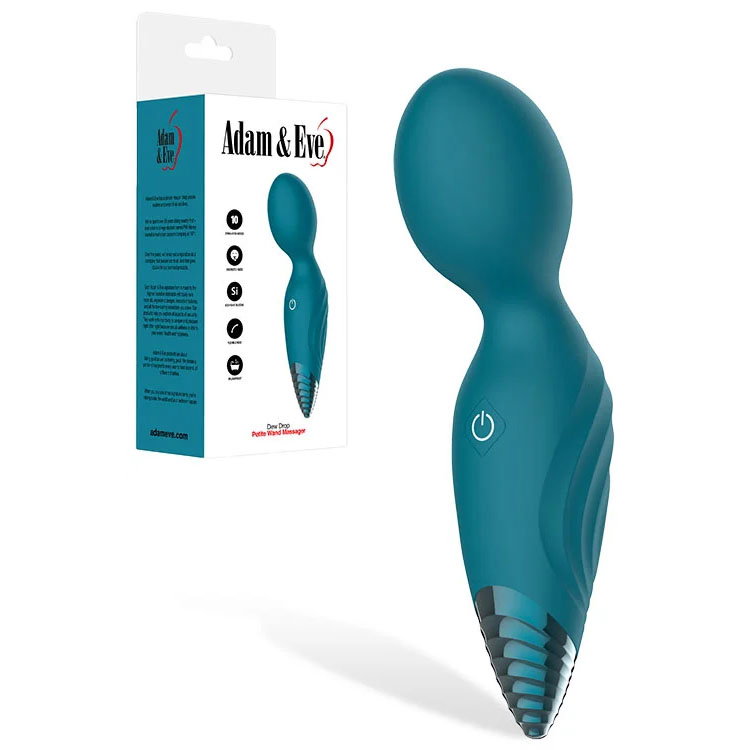 Adam & Eve Dew Drop Wand Massager, a petite silicone rechargeable wand with angled tip